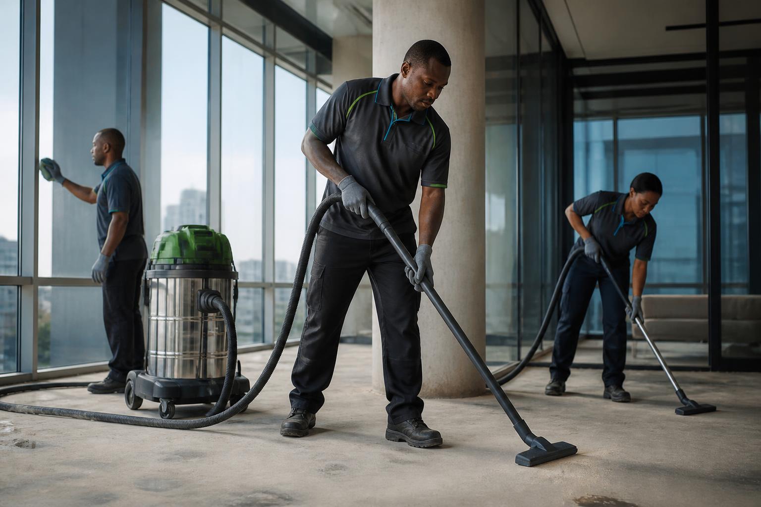 ABUTI crew performing post-construction cleaning in a completed office