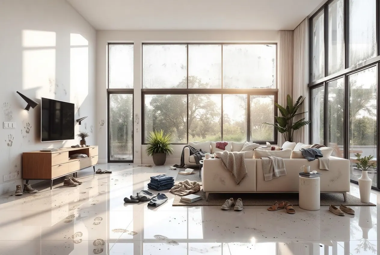 Neglected living room with scattered clothes, books, shoes, dusty floors, marked walls and dirty windows