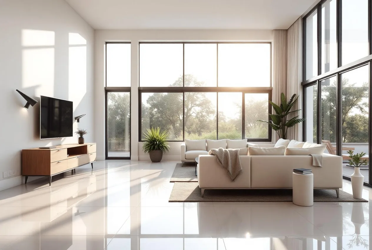 The same modern living room completely spotless after professional cleaning