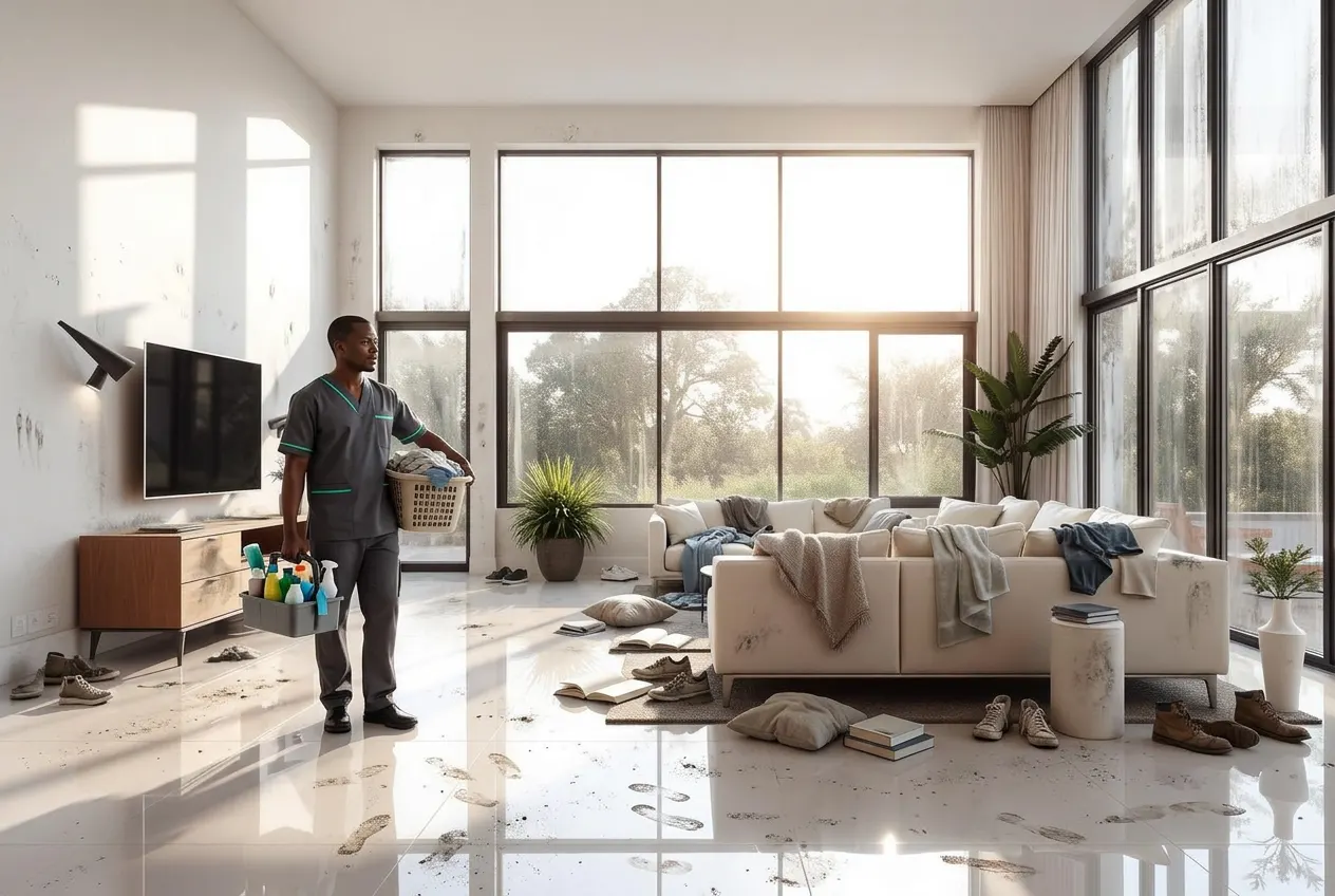 ABUTI professional cleaner progressively transforming a neglected living room
