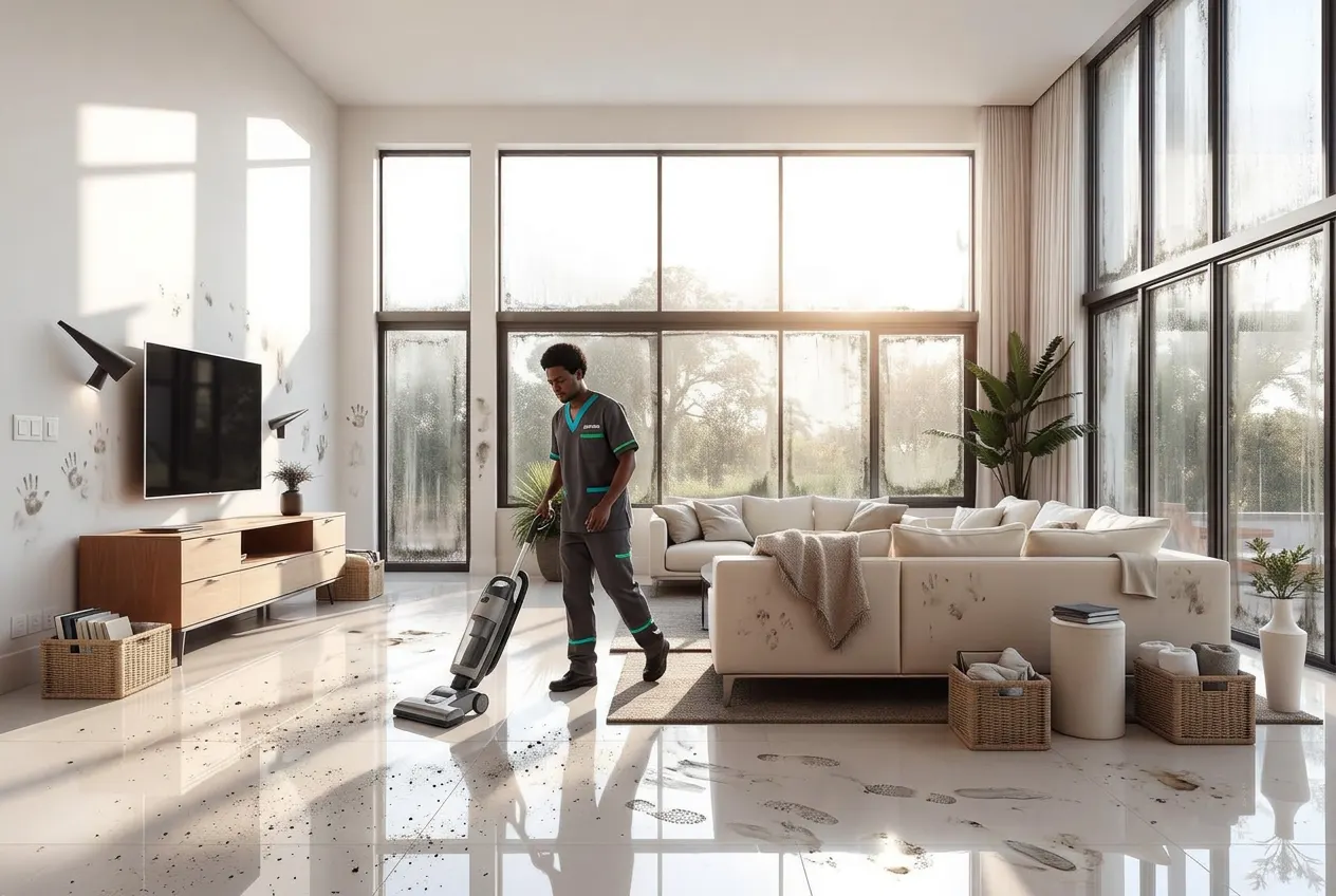 ABUTI professional cleaner progressively transforming a neglected living room