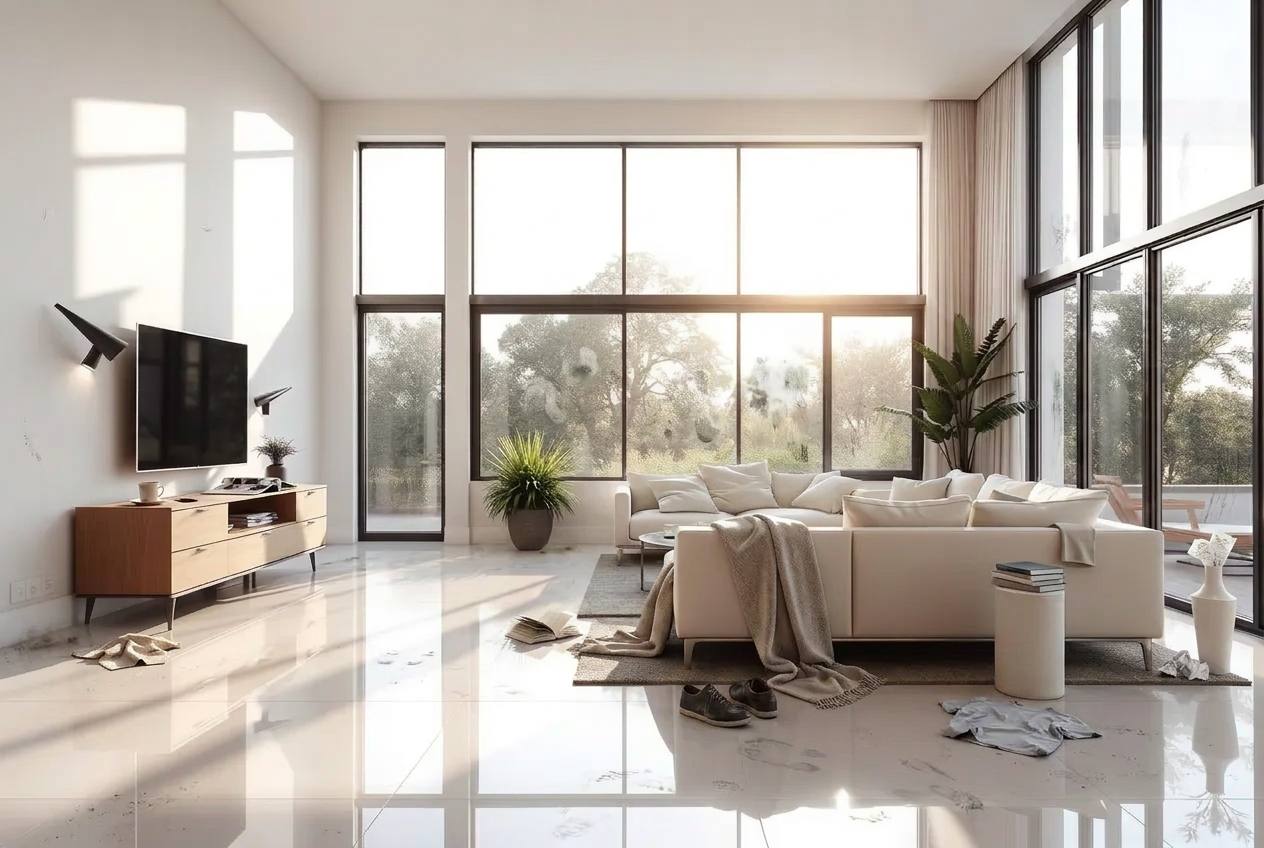 Untidy living room before professional cleaning
